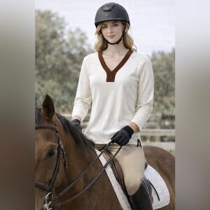 Ralph Lauren Suede Trim Long Sleeve Side Slits Top Women’s Medium Old Money